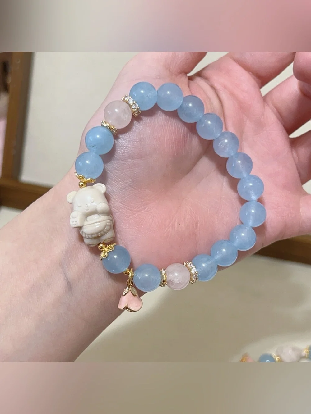 Handmade Blue Chalcedony Bracelet with Cute Alashan Agate stone charm 10mm